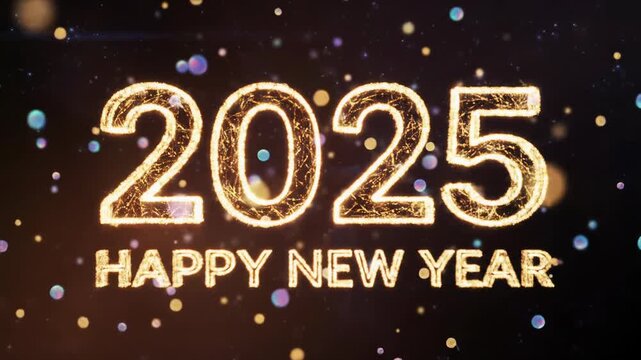 Iridescent golden particles form '2025' and 'Happy New Year' on a deep celestial blue-to-black gradient, with soft bokeh and lens flares, for a New Year 2025 celebration background.