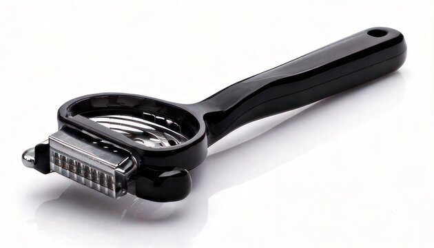 Black citrus zester tool for grating lemon and lime peels.