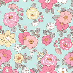 Obraz premium Seamless vector pattern with romantic summer flowers. Hand drawn floral design on isolated background. Perfect for textile, wallpaper or nursery print design. 