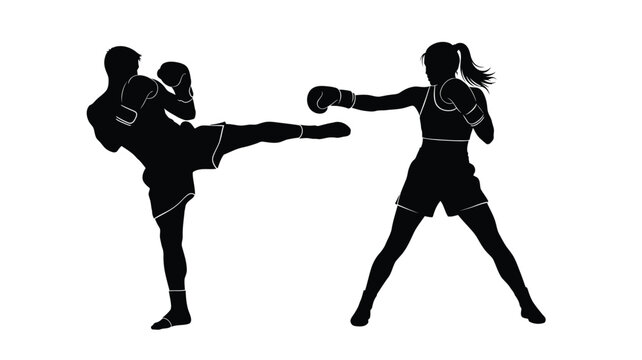 Two boxers in action dynamic kick and punch pose black silhouette