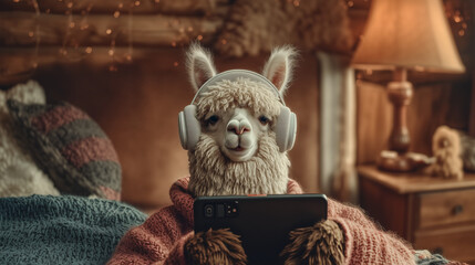The Tech User A Alpaca posing with a serious human-like focus while operating a AirPods Max A