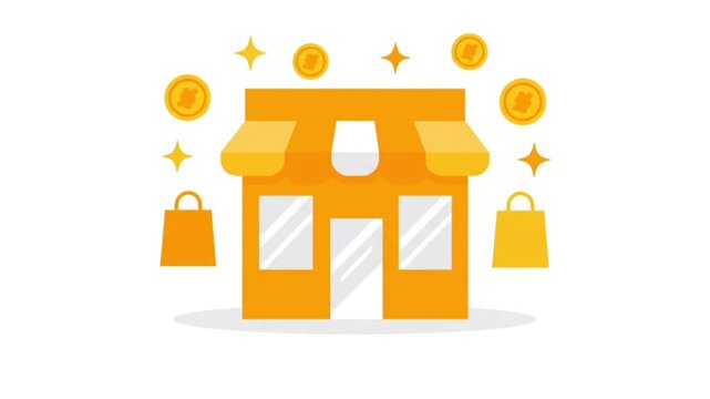 A vibrant illustration of a shop with an awning, surrounded by golden coins and shopping bags, symbolizing commerce and financial success.