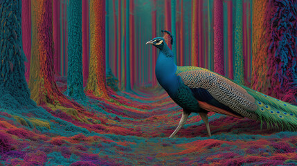 Glitch in Nature A Peacock wandering through a fiber-optic forest next to a glitching Ring Light A