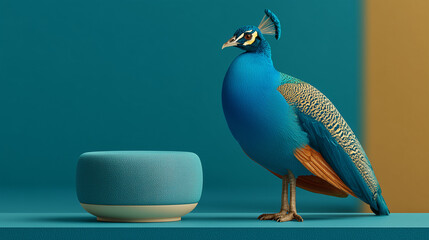 Minimalist Center A tiny Peacock balancing carefully on top of a Smart Home Speaker A professional