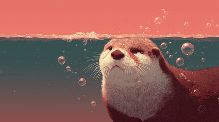 Underwater A Otter swimming with bubbles around a waterproof Ring Light A professional desktop
