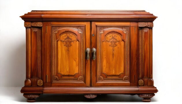 Antique Wooden Cabinet with Intricate Carvings and Double Doors.