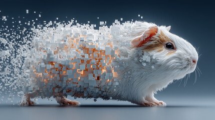 Tech Merge A Guinea Pig slowly transforming into digital pixels near a 3D Printer A professional