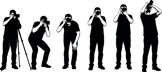 Photographer silhouette set showing professional cameramen in different shooting poses using DSLR cameras and tripod isolated on white background illustration © Yeasin