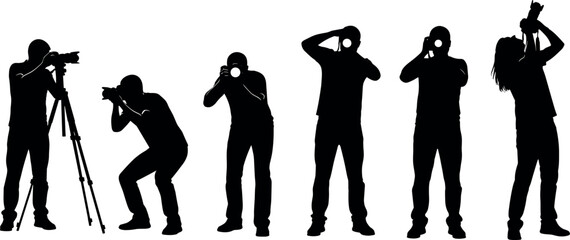 Photographer silhouettes set showing professional camera operators shooting photos with tripod and handheld cameras isolated on white background media photography concept © Yeasin