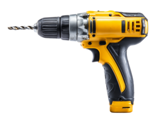 Close-up of a power drill machine with a yellow and black color scheme. It is ready for use, and captures the essence of craftsmanship and DIY projects Isolated Transparent Background, PNG