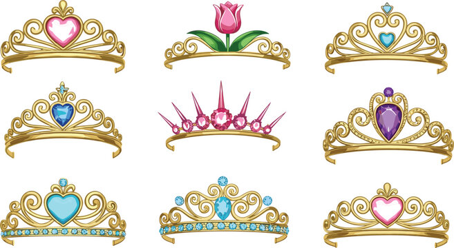 Princess crown tiara collection with hearts gems and fantasy royal jewelry vector illustration set