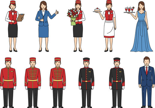 Hotel staff uniform characters collection including receptionist bellboy waiter and guest vector illustration set