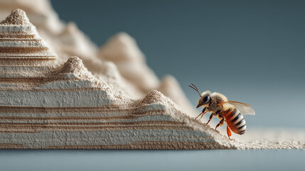 Scale Play A tiny Bee exploring a mountainous landscape formed by a giant 3D Printer A clean and
