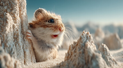 Scale Play A tiny Hamster exploring a mountainous landscape formed by a giant MacBook Pro M3 A