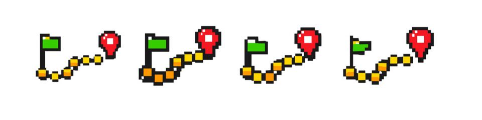 Obraz premium Pixel art route icons with start flag and destination pin markers on a dotted path
