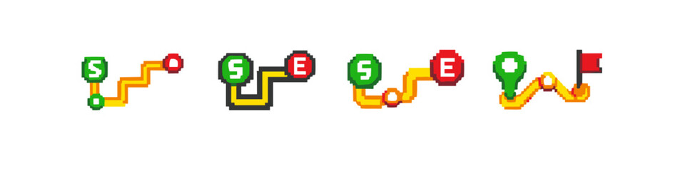 Obraz premium Collection of pixel art route icons showing start and end points with paths
