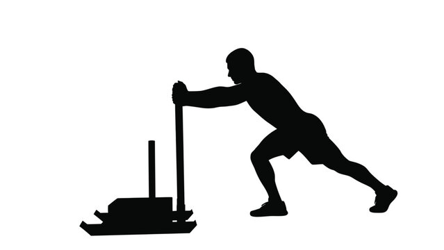 Man pushing heavy weighted sled for strength training with fitness and athlete on white background