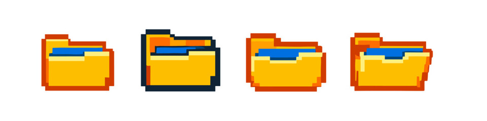 Collection of retro pixel art folder icons with blue documents inside