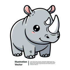 Fototapeta premium A cartoon gray rhino stands facing right with a large horn, simple facial features, and a vector illustration style.