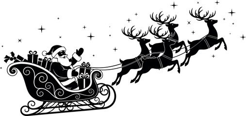 Santa Claus sleigh silhouette illustration with flying reindeer delivering gifts, festive Christmas night scene, holiday winter decoration isolated on white background © Yeasin