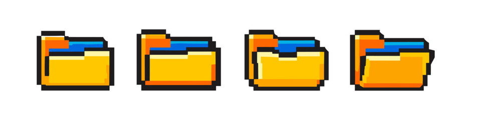 Collection of four pixel art yellow folder icons with blue and orange tabs