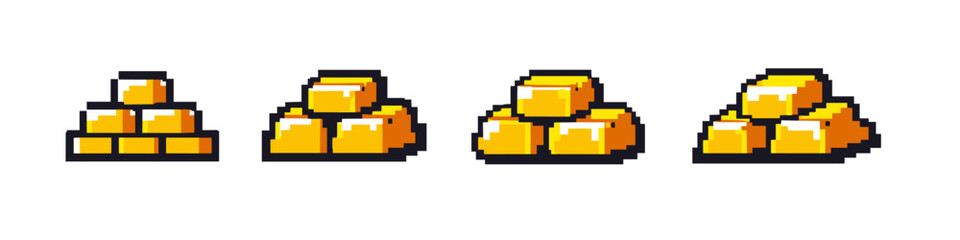 Fototapeta premium Pixel art gold bars stacked in various formations, representing wealth and treasure