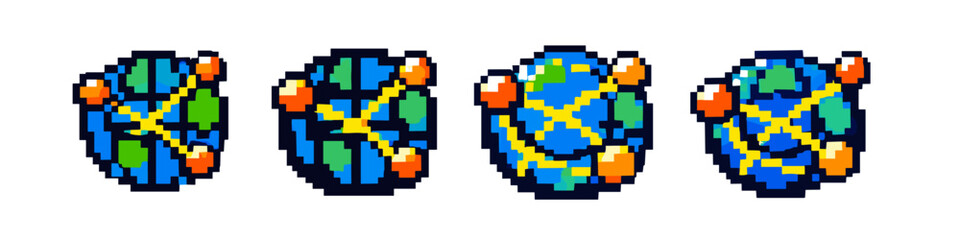 Fototapeta premium Pixel art globe with yellow lines and orange spheres, representing network connections