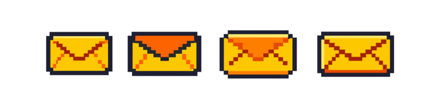 Pixel art envelopes in a row, retro gaming style communication icons