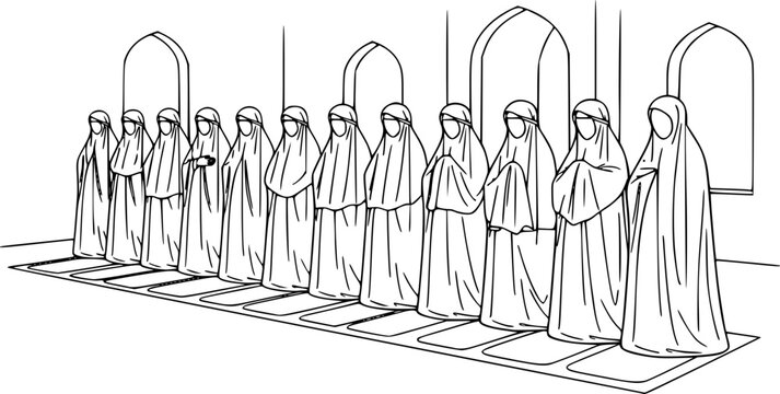 Muslim women in mukena standing in a row for Salah prayer congregation at mosque, line art vector illustration for Ramadan, Eid, and Islamic education