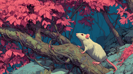 Sketch Style Glitch in Nature A Mouse in a forest where trees are made of fiber optic cables and