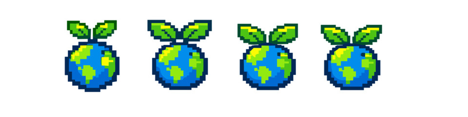Fototapeta premium Pixel art planet Earth with green leaves sprouting from the top, representing growth and nature