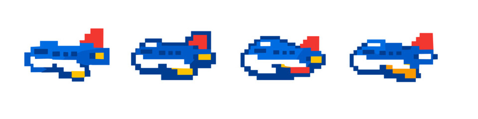 Obraz premium Collection of pixel art airplanes in various flight positions and angles
