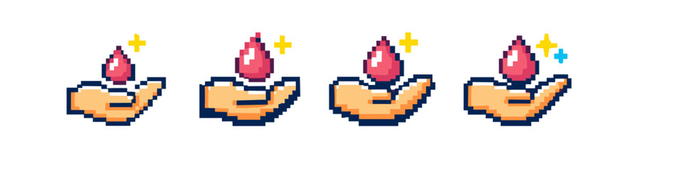 Obraz premium Pixel art hand holding a sparkling drop of liquid, representing care and purity