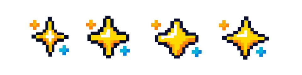 Fototapeta premium Pixel art sparkling stars and glitters in golden yellow and blue colors