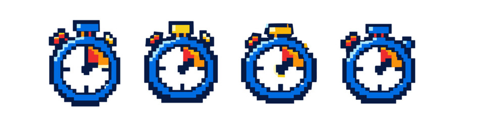 Obraz premium Pixel art stopwatch icons showing different time intervals on a white background