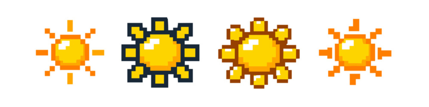 Collection of pixel art sun icons with different styles and colors