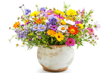 Bouquet of Bright Wildflowers in Flowerpot Isolated on White Background