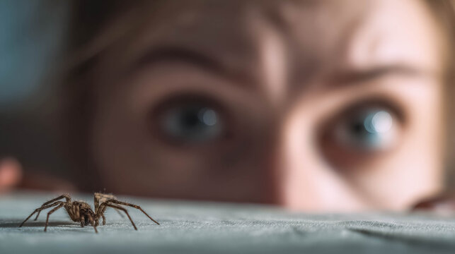 Woman with surprised expression observing spider on surface close up