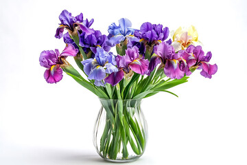 Elegant Bright Iris Flower in Glass Vase on White Background