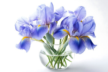 Bright Iris Flower Arrangement in Clear Vase Isolated on White background