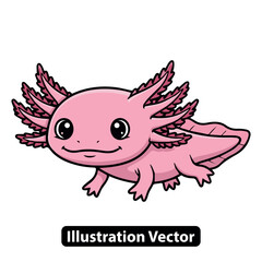 A smiling axolotl with pink gills is happily swimming in a calm aquatic environment from a side viewpoint as an illustration