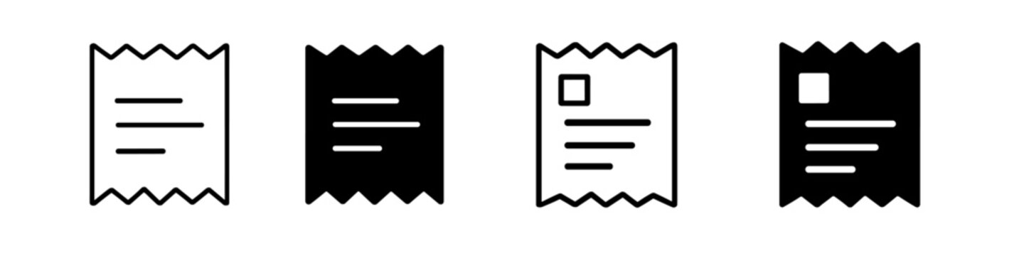 Set of four receipt icons in outline and solid fill styles for various applications
