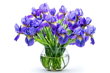 Beautiful Bright blue Iris Flower in Transparent Vase on White Background