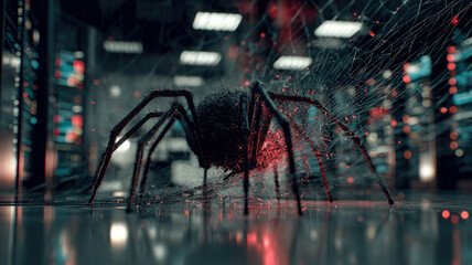 The server room, with a huge spider in the center. Concept for  cyber threats, hacker attacks, and malware, as well as data protection in the data center.