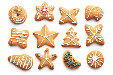 Christmas Gingerbread Cookies, Winter Sweet Homemade Biscuits Isolated on White Background