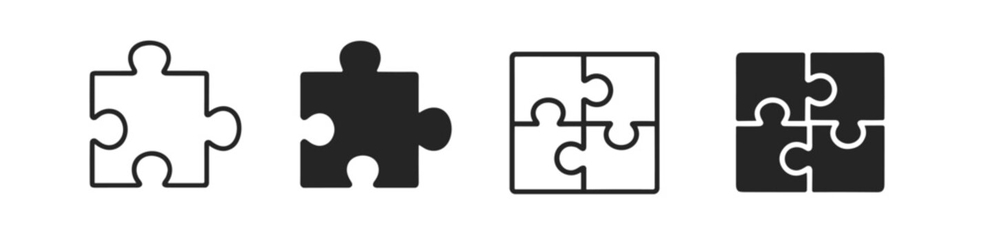 Set of puzzle pieces icons, single and assembled, in outline and solid black styles