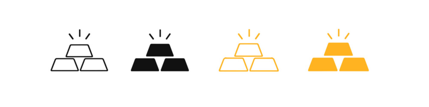 Collection of gold bar icons in different styles: outline, filled, and colored