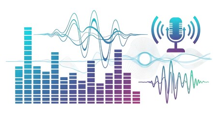 Modern Gradient Vector Audio Sound Wave and Equalizer Bars with Microphone Icon Set isolated PNG with Transparent Background