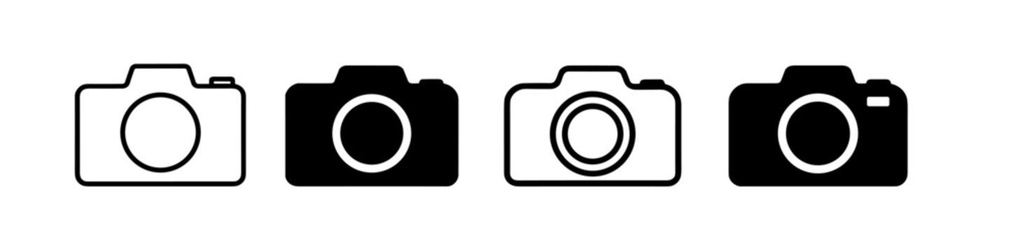 Collection of four distinct camera icons in black and white outlines and solid fills