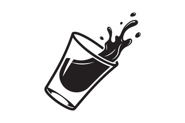 A dark liquid splashing out of a clear shot glass tilted on its side isolated on white background © mdbhraju76